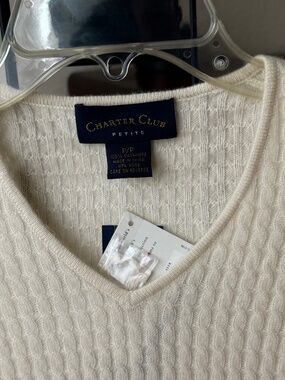 Charter Club 100% 2-Ply Cashmere Cable-Knit Pullover Sweater VNECK IVORY PP NWT